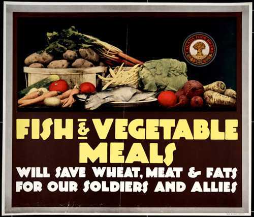 Illustrated poster, colour. A selection of fish and vegetables are shown, along with the Canada Food Board emblem.